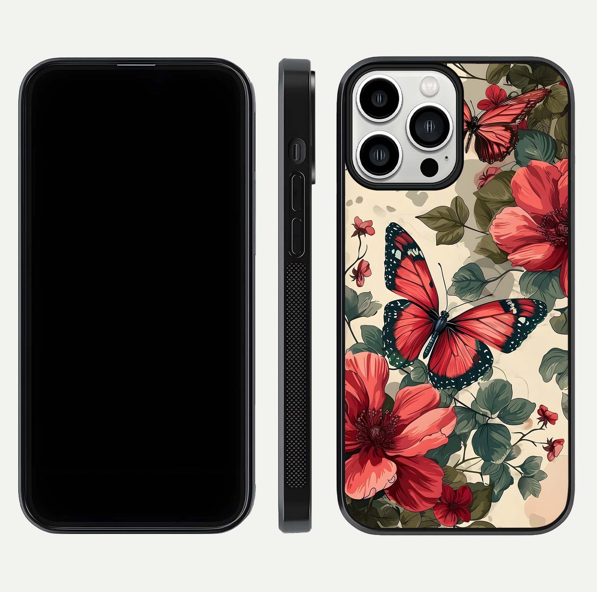 Crimson Butterfly Garden Glass Case for iPhone 13 Pro Max dual-view layout displaying floral patterns and edge finish
