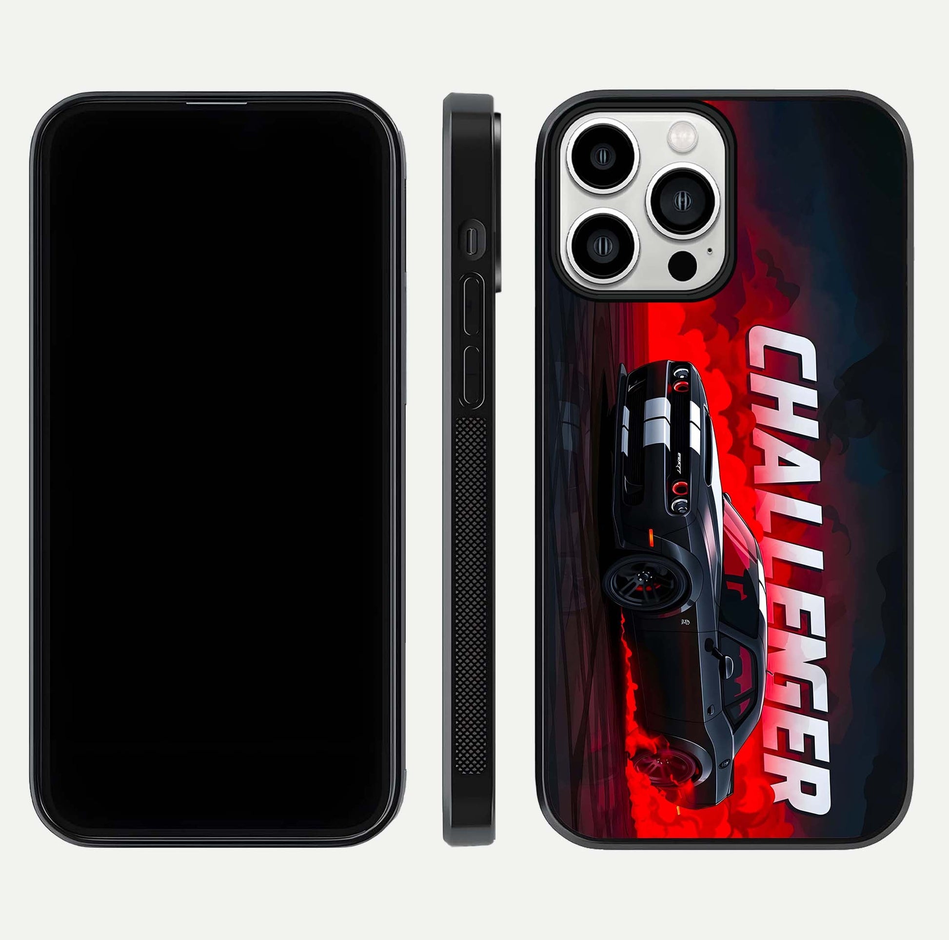 Crimson Challenger Fury Glass Case for iPhone 13 Pro Max dual-view layout displaying bold tones and edge polish