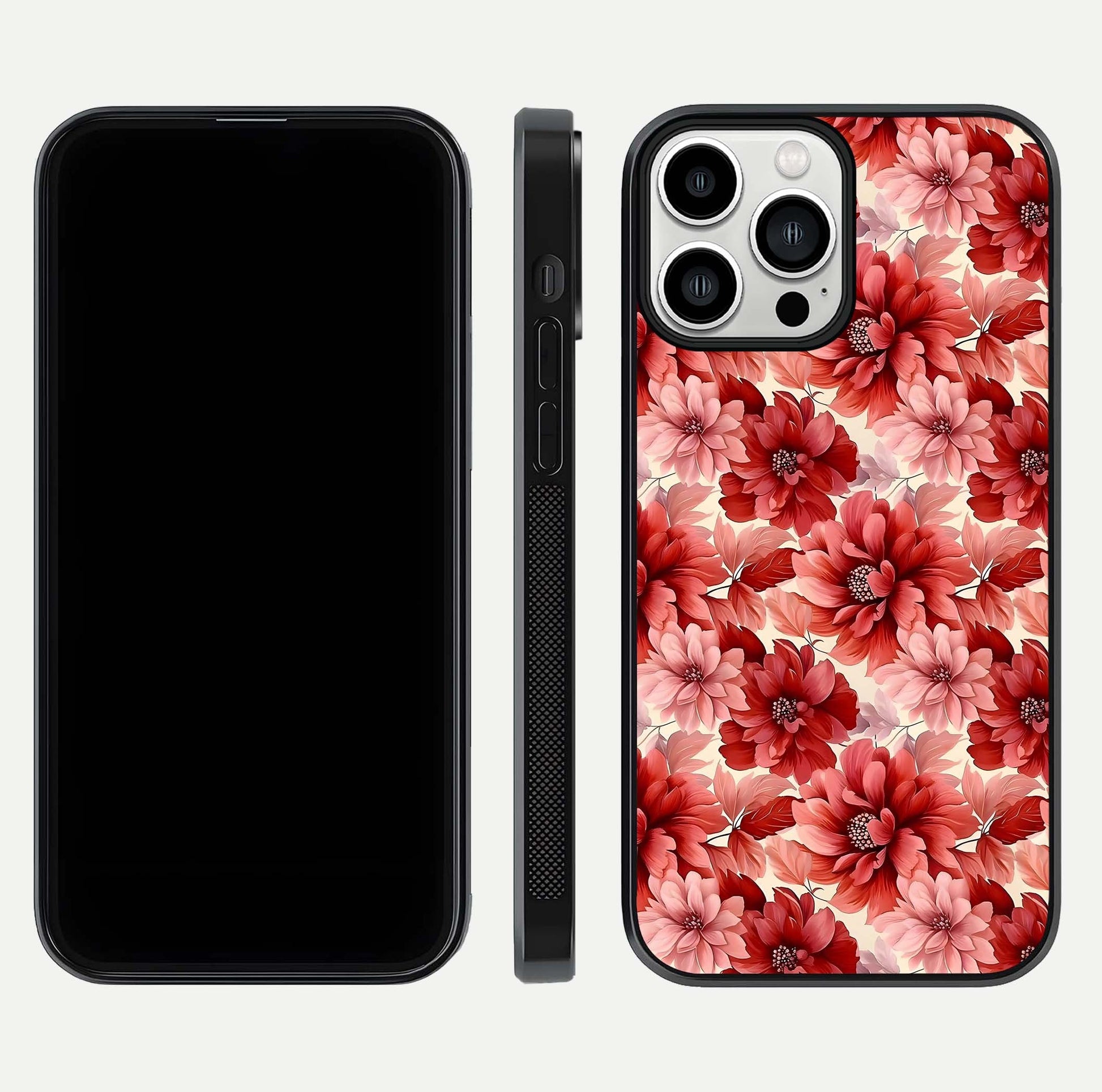 Crimson Love Petals Glass Case for iPhone 13 Pro Max dual-view layout displaying floral charm and curved glass