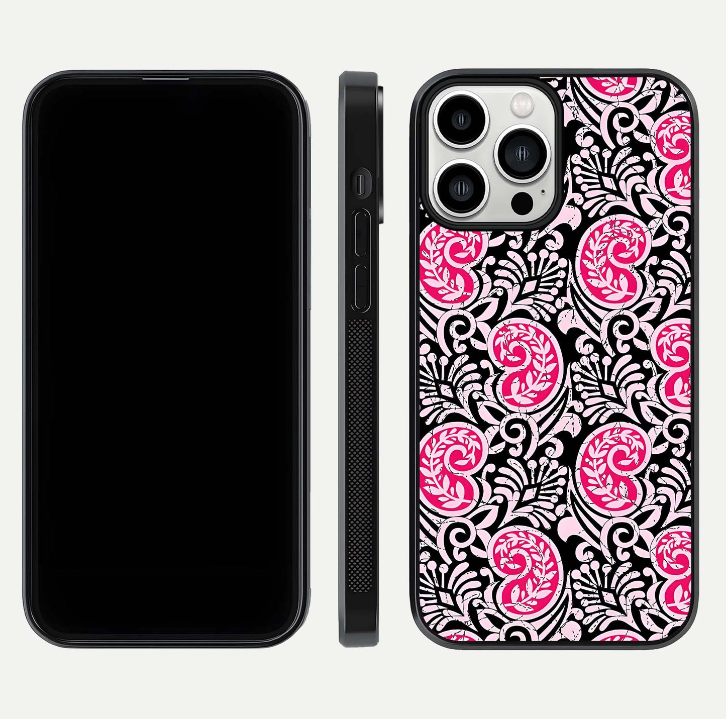 Crimson Paisley Charm Glass Case for iPhone 13 Pro Max dual-view layout displaying HD print and curved polish