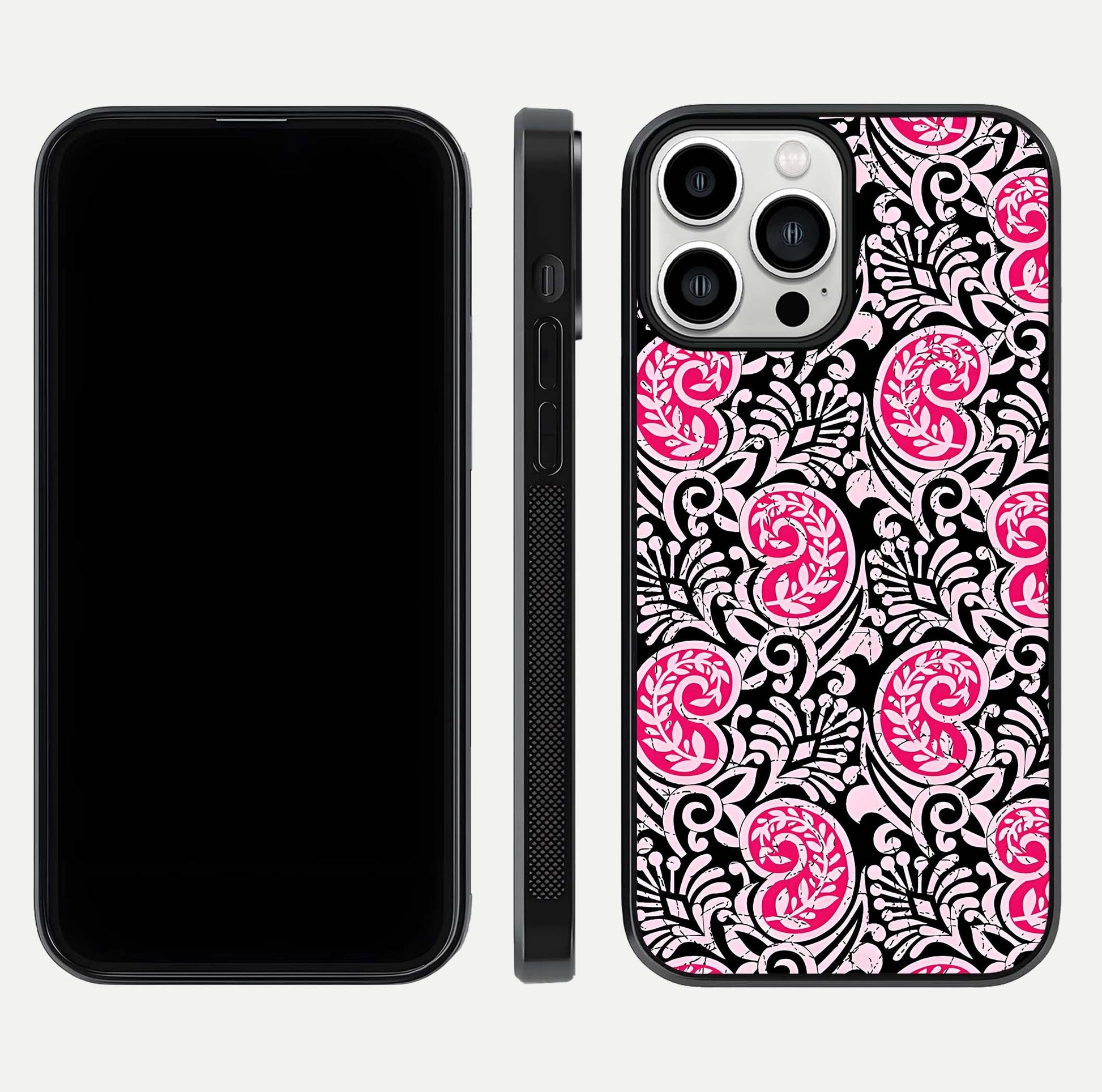 Crimson Paisley Charm Glass Case for iPhone 13 Pro Max dual-view layout displaying HD print and curved polish