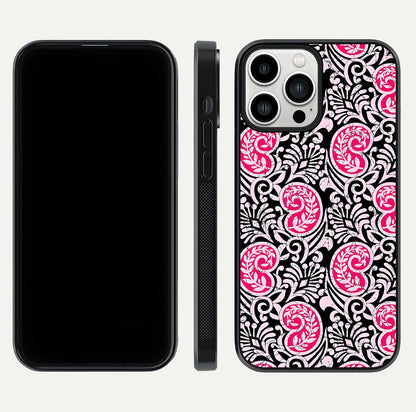 Crimson Paisley Charm Glass Case for iPhone 13 Pro Max dual-view layout displaying HD print and curved polish