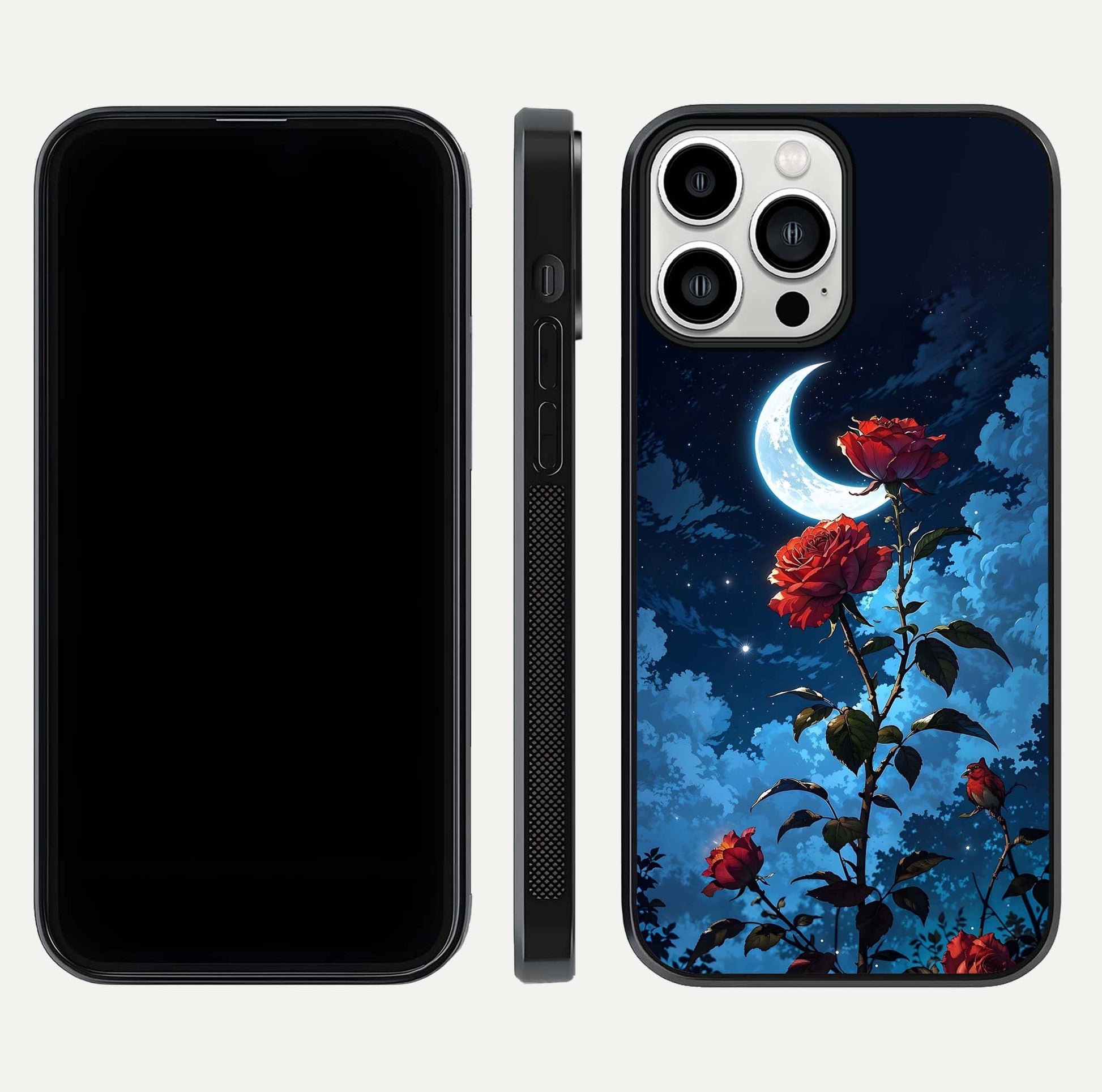 Crimson Rose Moon Glass Case for iPhone 13 Pro Max dual-view layout displaying red tones and soft gloss