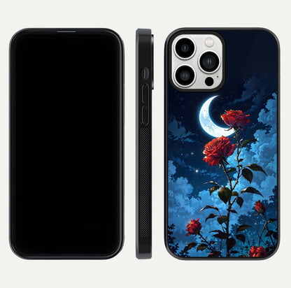 Crimson Rose Moon Glass Case for iPhone 13 Pro Max dual-view layout displaying red tones and soft gloss