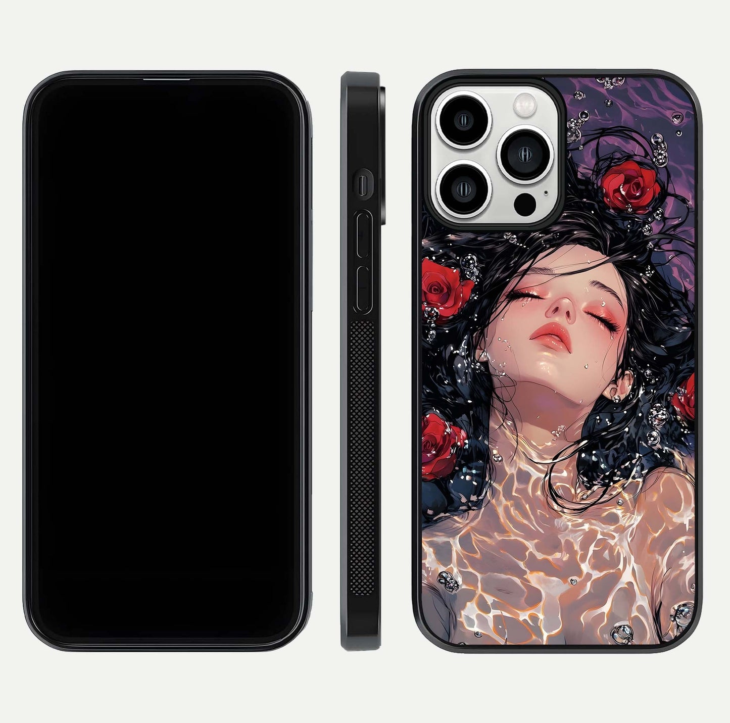 Crimson Rose Serenity Glass Case for iPhone 13 Pro Max dual-view layout displaying serenity tones and curved glass