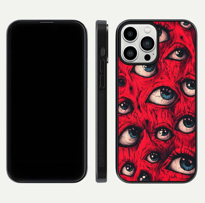 Crimson Watch Eyes Glass Case for iPhone 13 Pro Max dual-view layout displaying abstract tones and curved edges