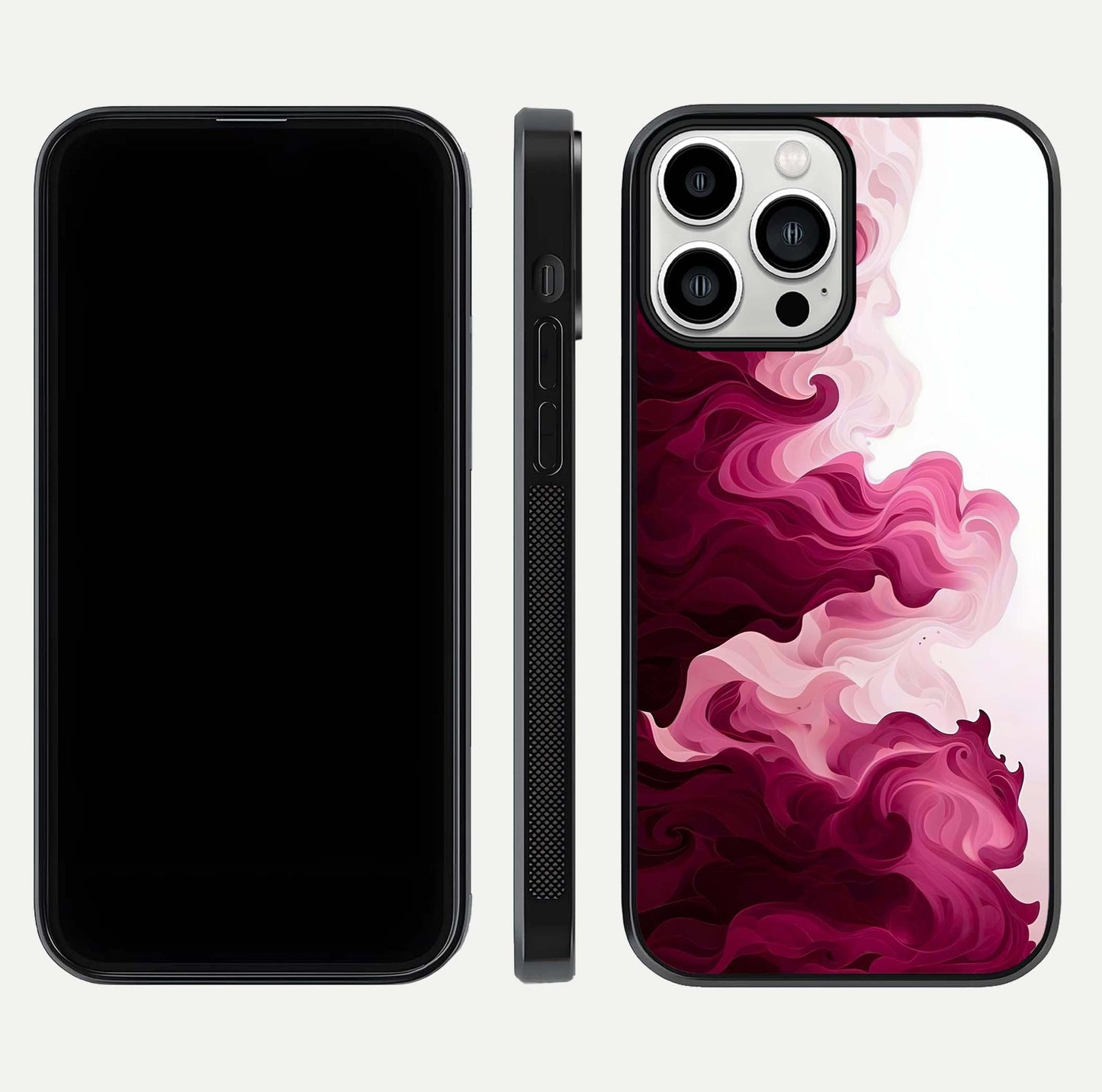 Crimson Wave Flow Glass Case for iPhone 13 Pro Max dual-view layout displaying curved wave art and polished surface
