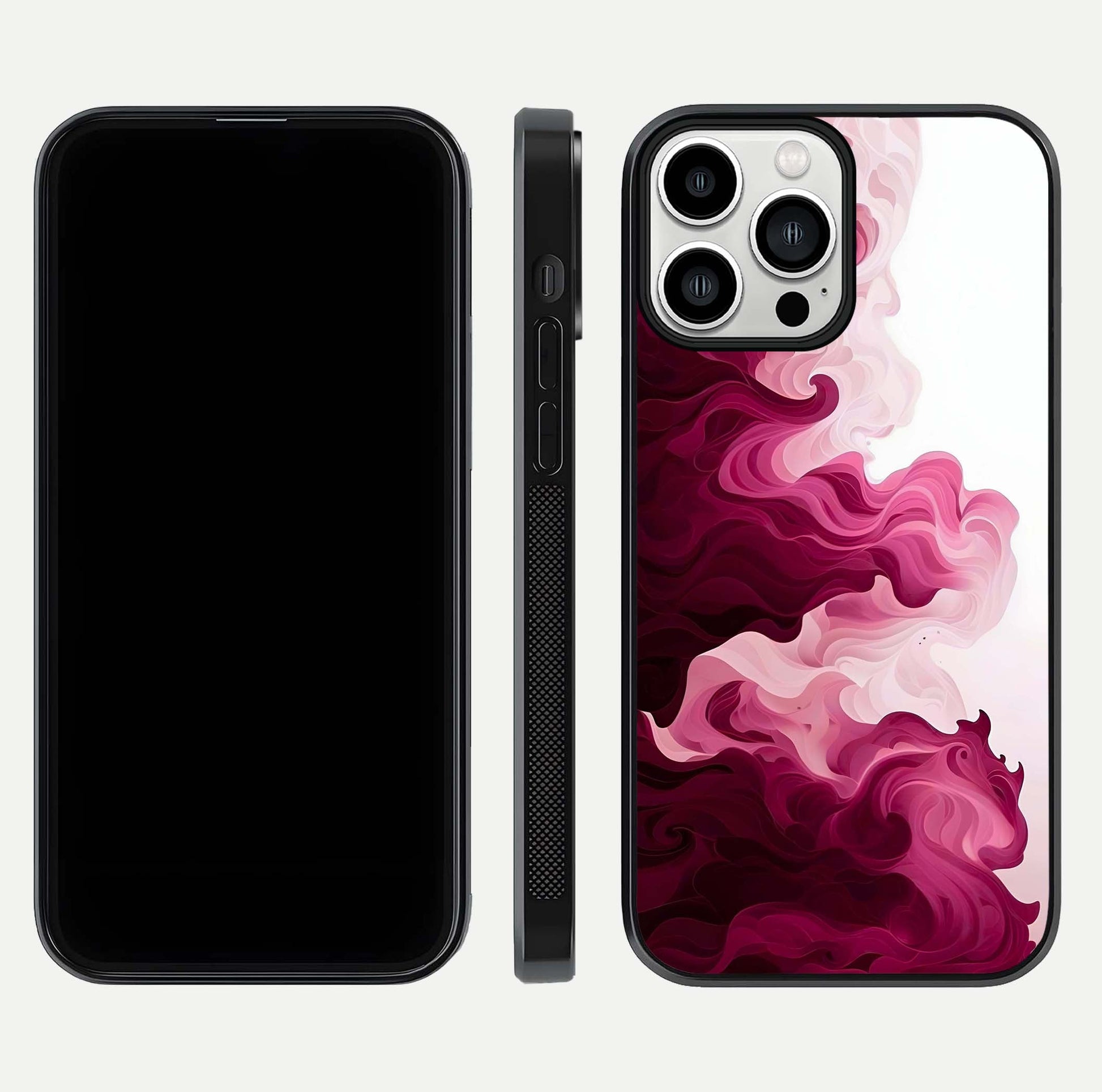 Crimson Wave Flow Glass Case for iPhone 13 Pro Max dual-view layout displaying curved wave art and polished surface
