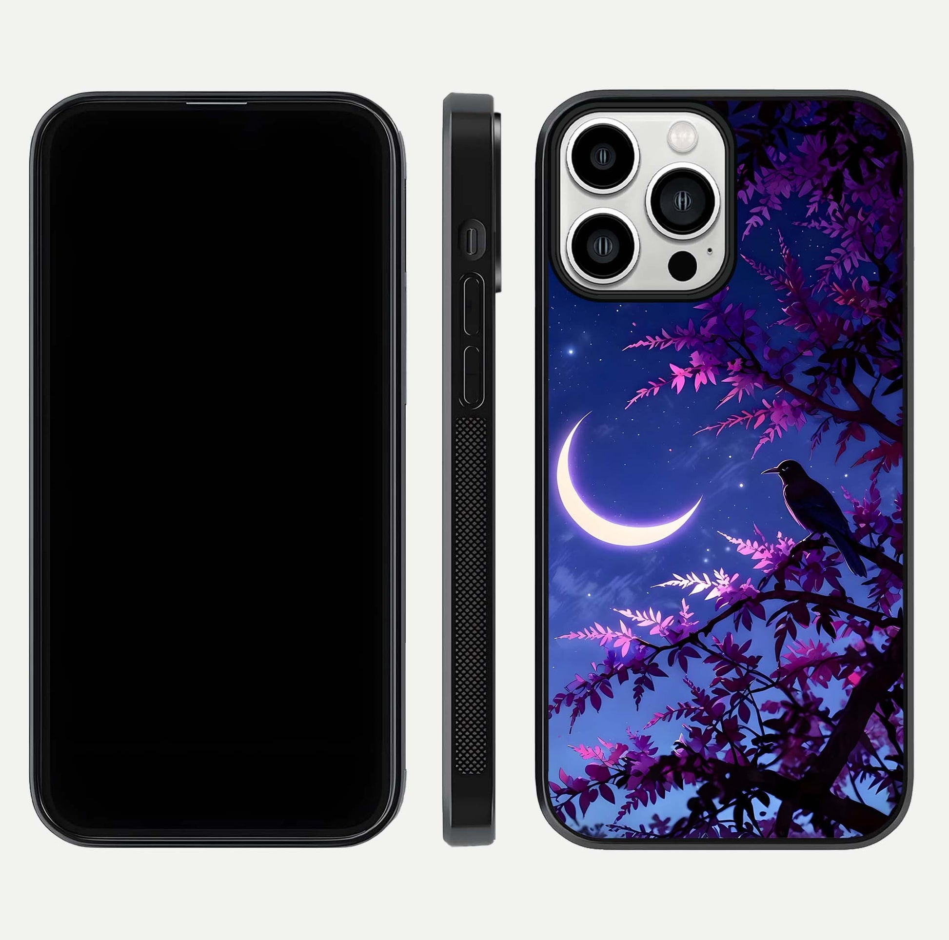 Crow & Moon Scenery Glass Case for iPhone 13 Pro Max dual-view layout displaying night sky art and curved glass edges