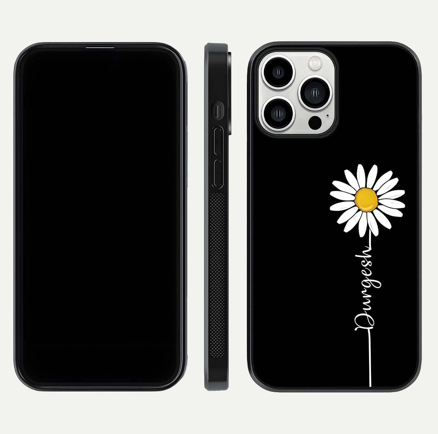 Custom Name White Flower Glass Case for iPhone 13 Pro Max dual-view layout showing elegant floral tone and curved edge finish