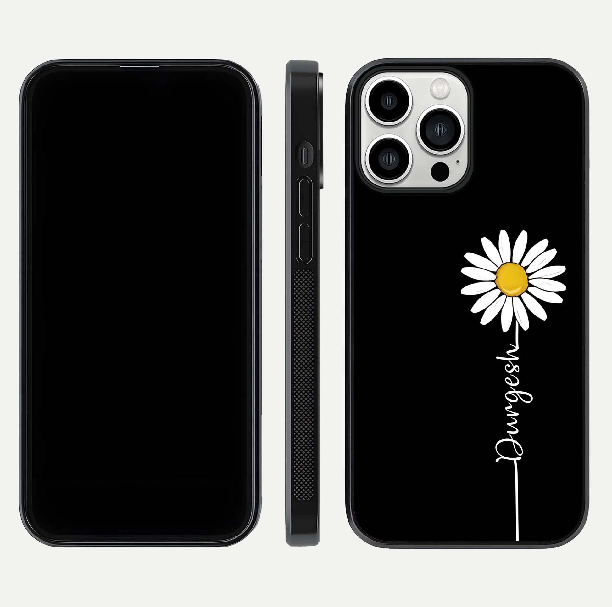 Custom Name White Flower Glass Case for iPhone 13 Pro Max dual-view layout showing elegant floral tone and curved edge finish