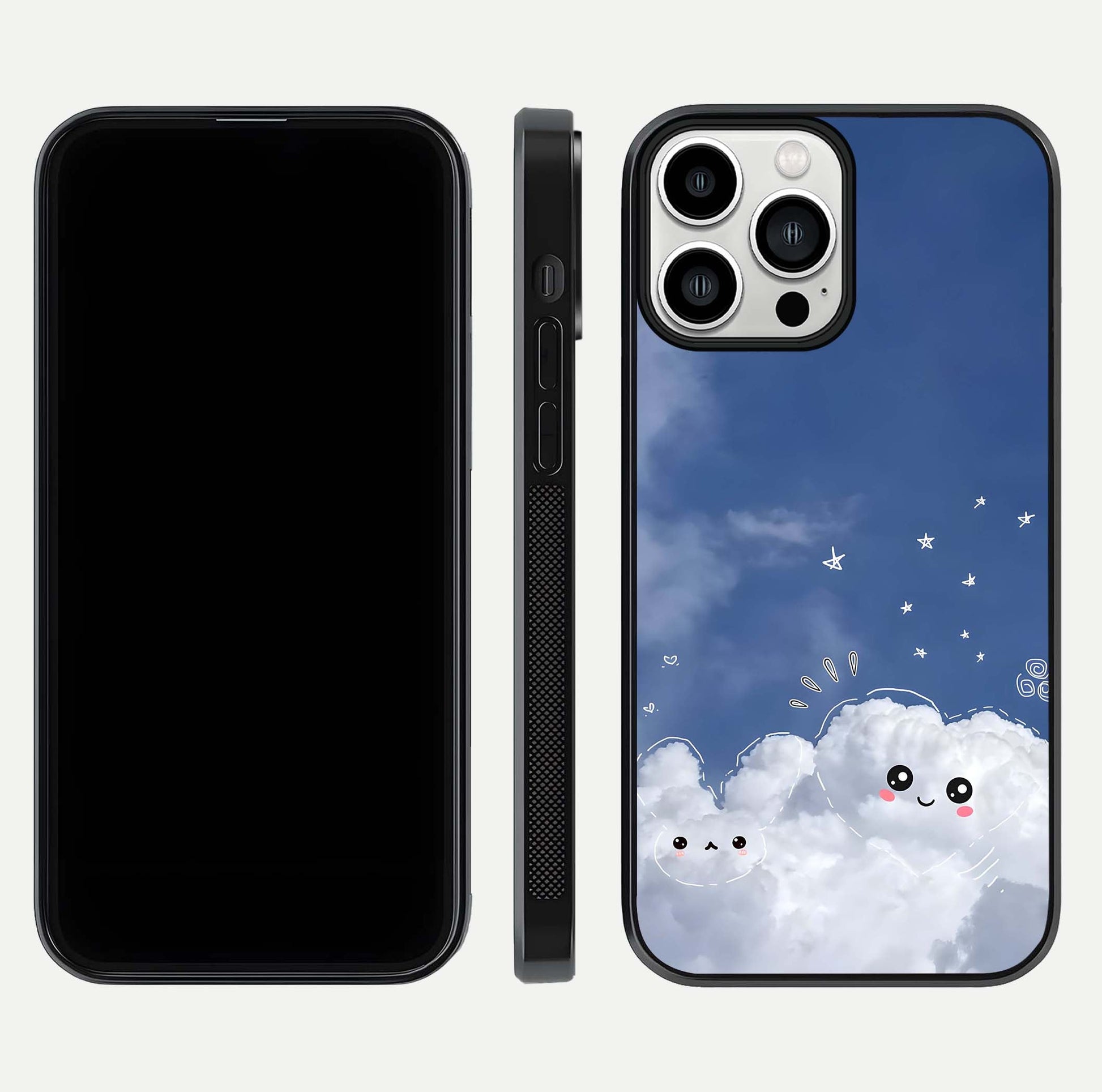 Cute Blossom Cloud Glass Case for iPhone 13 Pro Max dual-view layout displaying cute floral clouds and polished edge