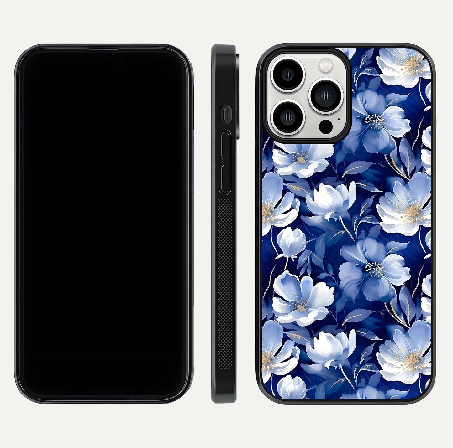 Cute Floral Patterns Glass Case for iPhone 13 Pro Max dual-view layout displaying HD floral print and curved edges