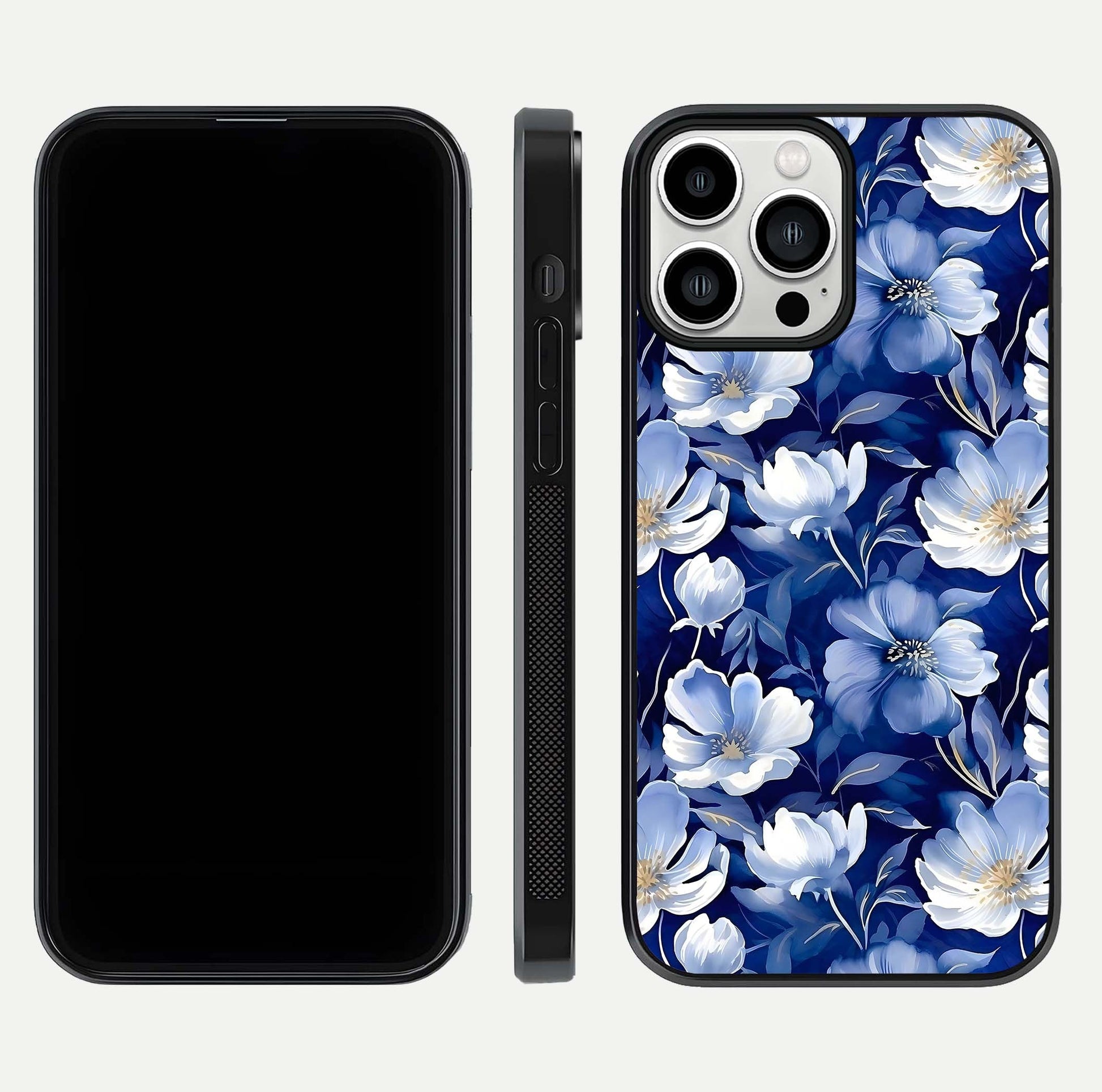 Cute Floral Patterns Glass Case for iPhone 13 Pro Max dual-view layout displaying HD floral print and curved edges