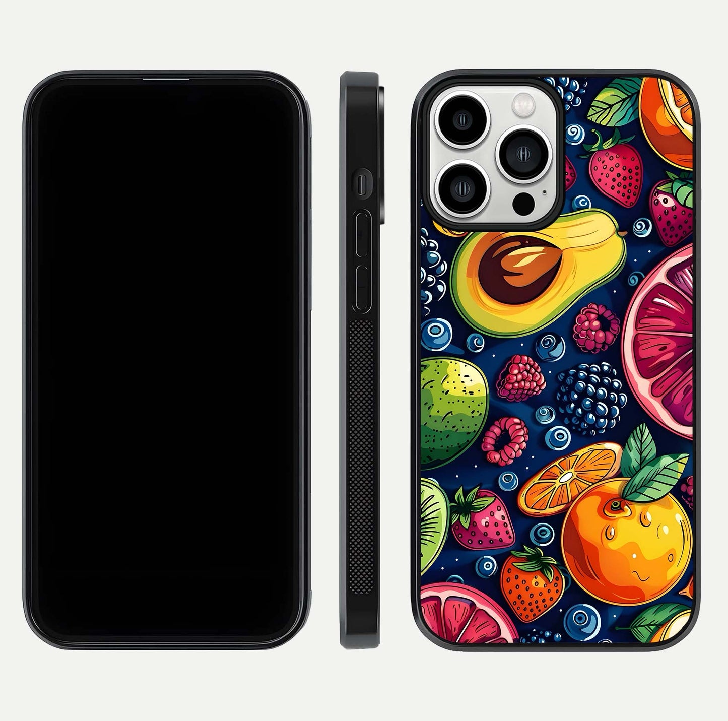 Cute Fruits Art Glass Case for iPhone 13 Pro Max dual-view layout displaying playful tones and curved design