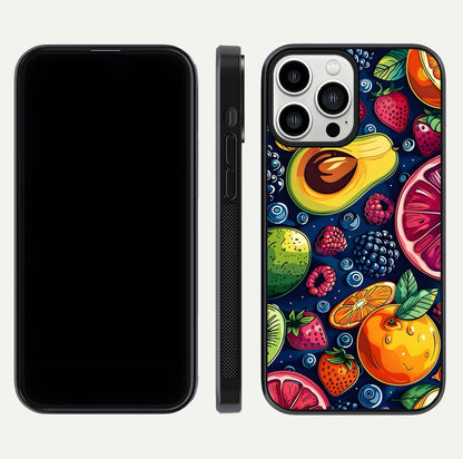 Cute Fruits Art Glass Case for iPhone 13 Pro Max dual-view layout displaying playful tones and curved design