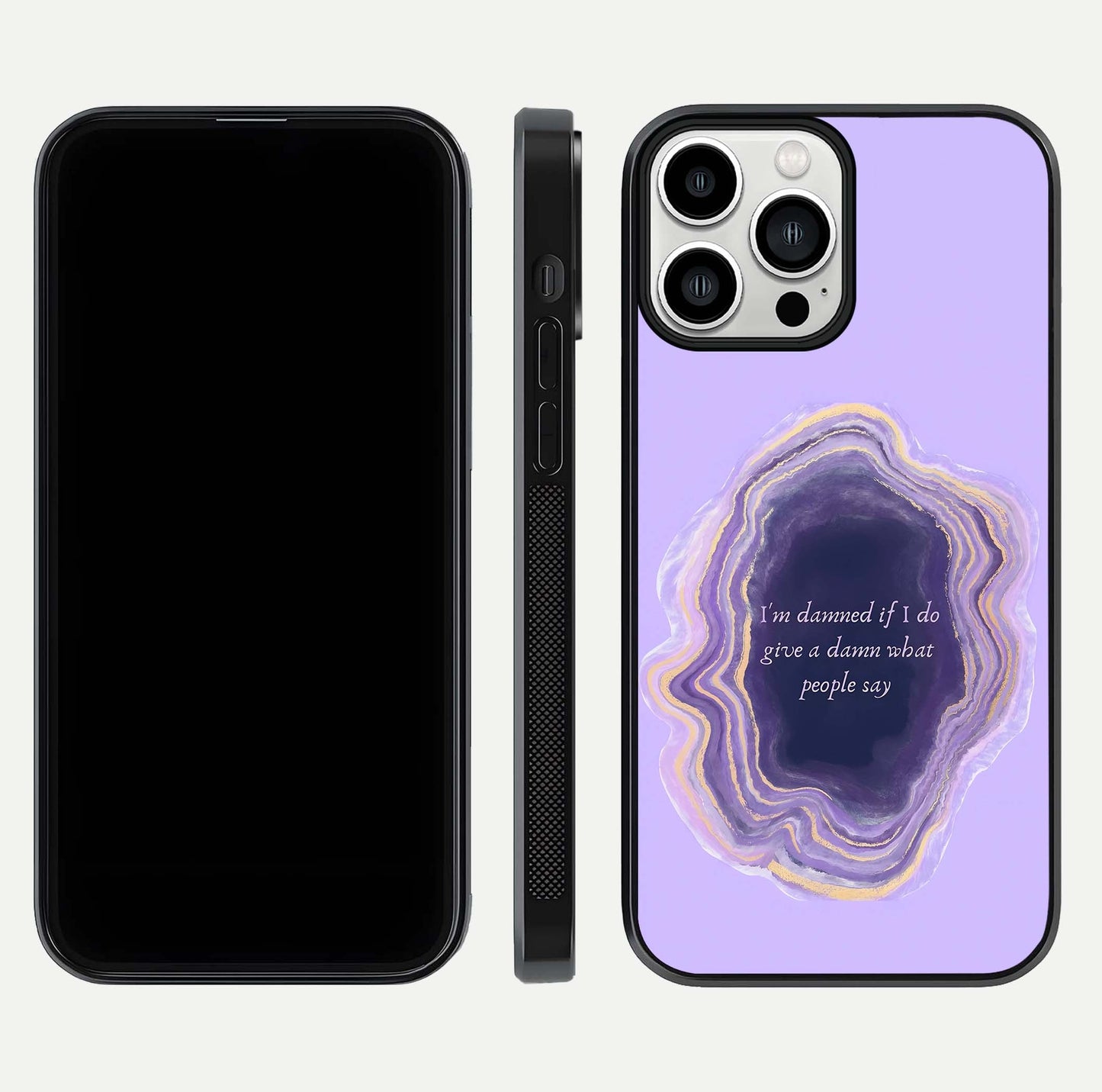Damned People Quote Glass Case for iPhone 13 Pro Max dual-view layout displaying modern print and glass clarity