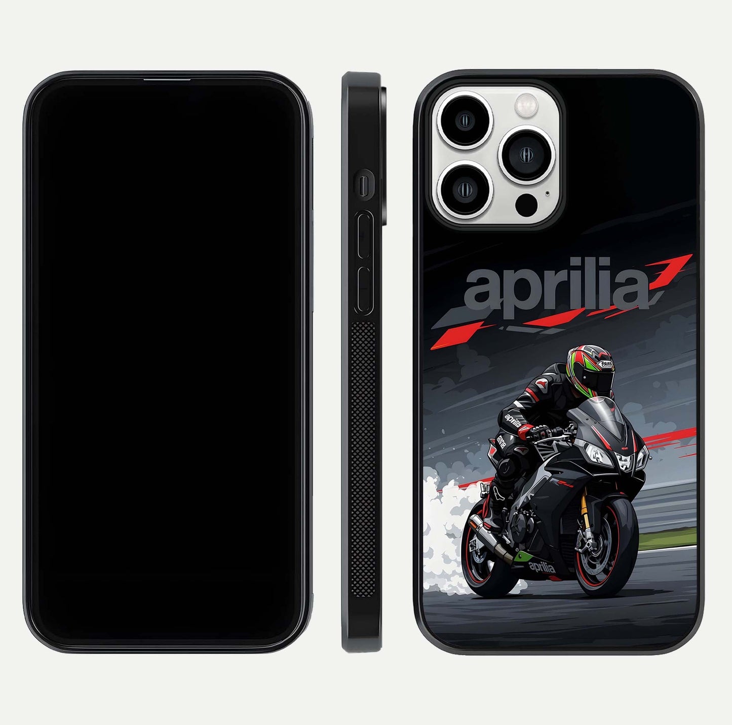 Dark Aprilla Glass Case for iPhone 13 Pro Max dual-view layout displaying sleek racing look and HD shine