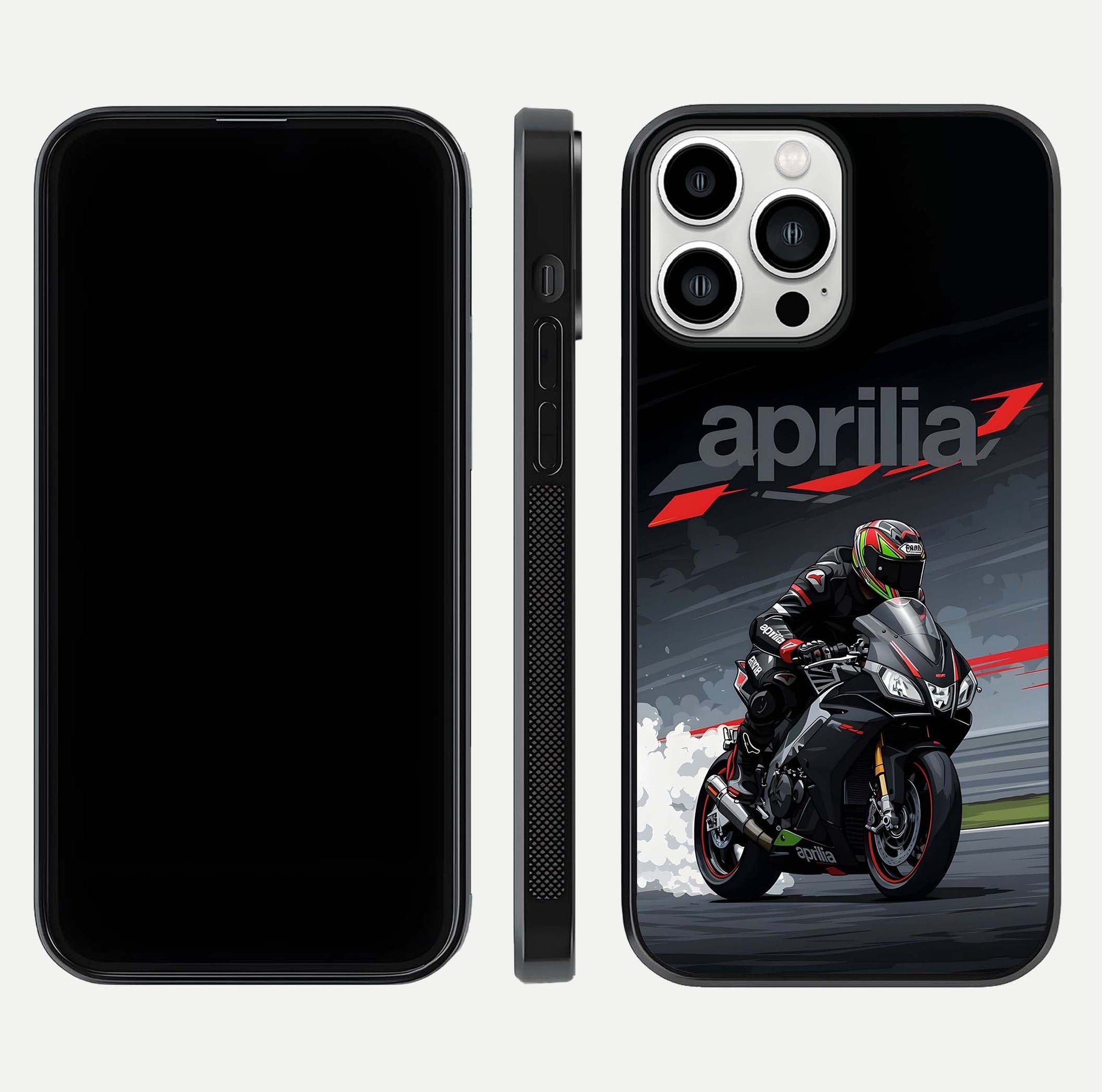 Dark Aprilla Glass Case for iPhone 13 Pro Max dual-view layout displaying sleek racing look and HD shine