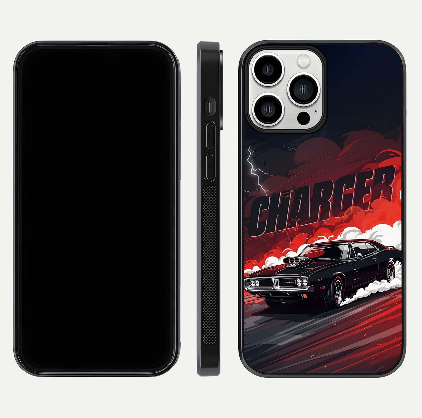 Dark Charger Fury Glass Case for iPhone 13 Pro Max dual-view layout displaying HD design and polished edges