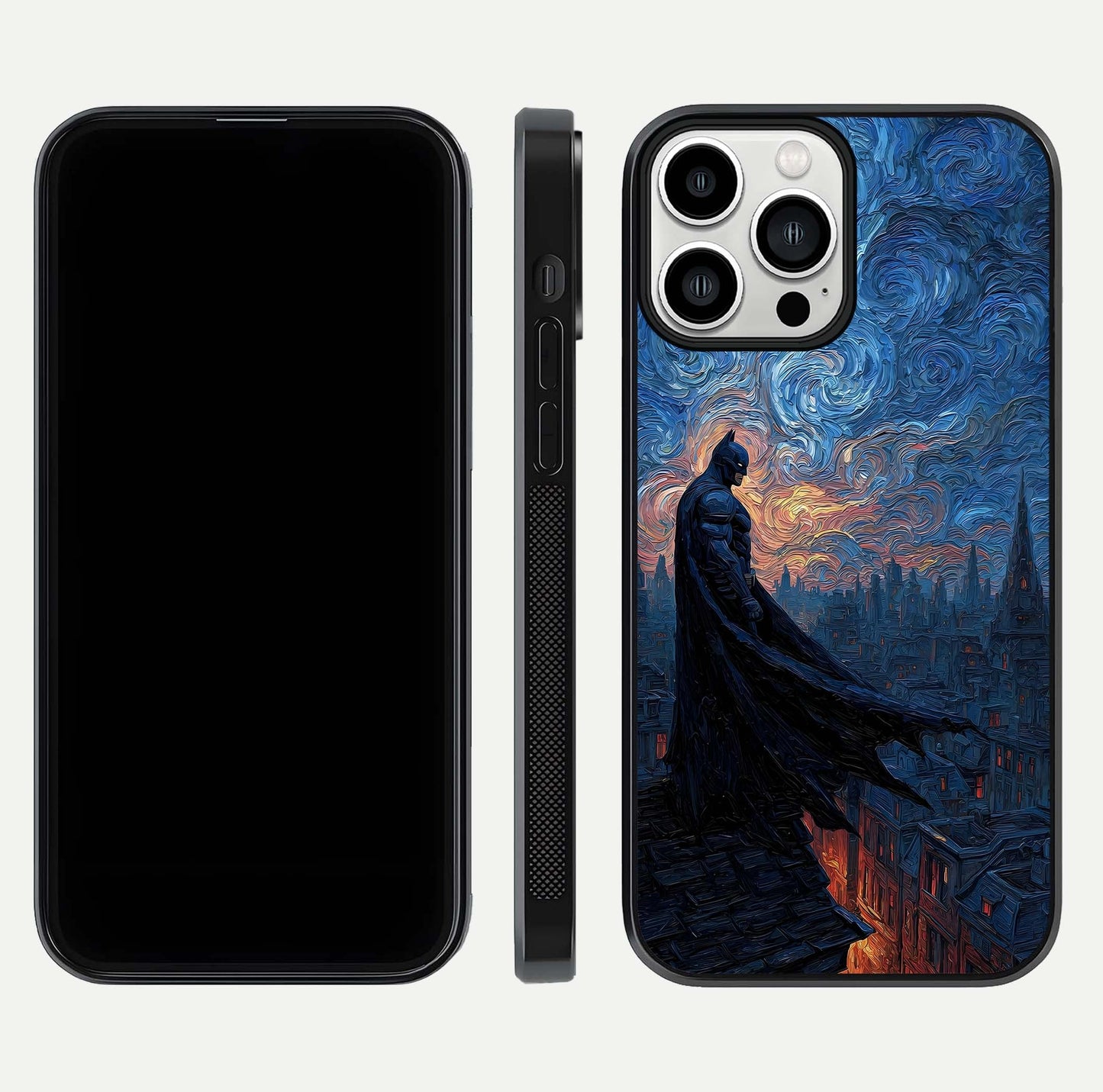 Dark Knight Dusk Glass Case for iPhone 13 Pro Max dual-view layout displaying HD hero print and curved glass edges