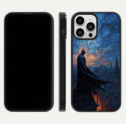 Dark Knight Dusk Glass Case for iPhone 13 Pro Max dual-view layout displaying HD hero print and curved glass edges