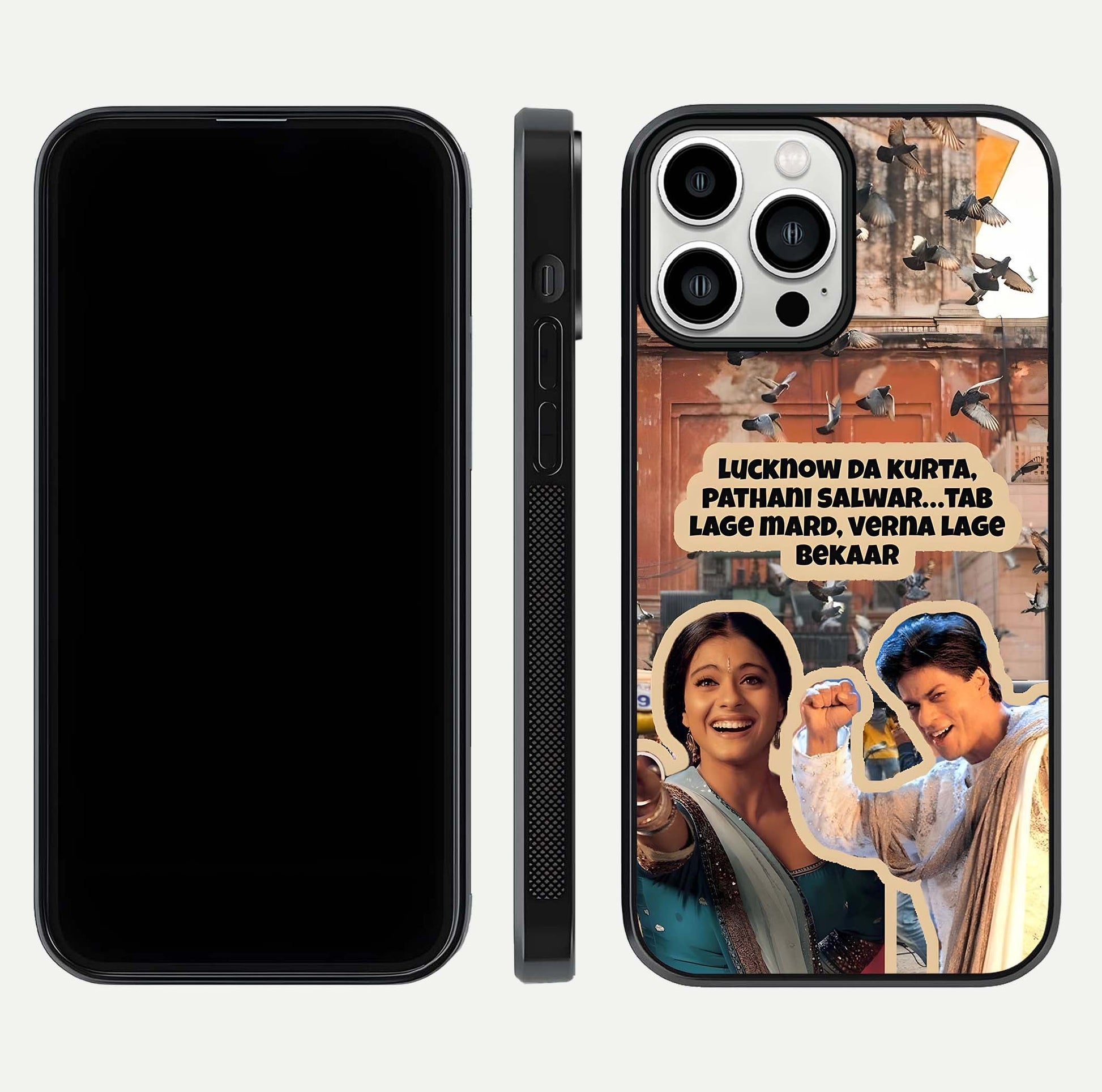 Desi Retro Vibes Glass Case for iPhone 13 Pro Max dual-view layout showing nostalgic design and smooth glass curve