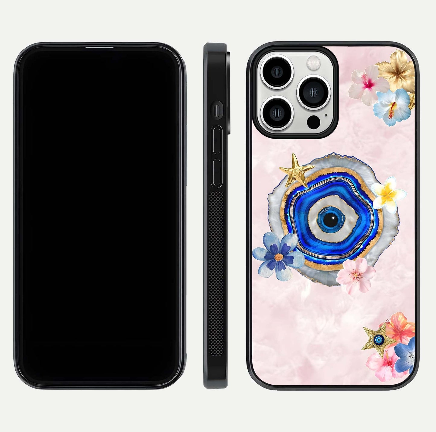 Divine Aura Bloom Glass Case for iPhone 13 Pro Max dual-view layout displaying divine color tones and smooth edges