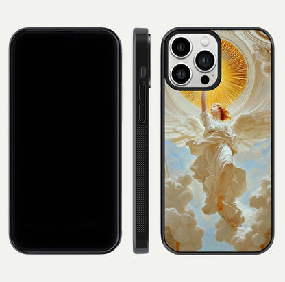 Divine Light Angel Glass Case for iPhone 13 Pro Max dual-view layout displaying celestial tones and smooth curves