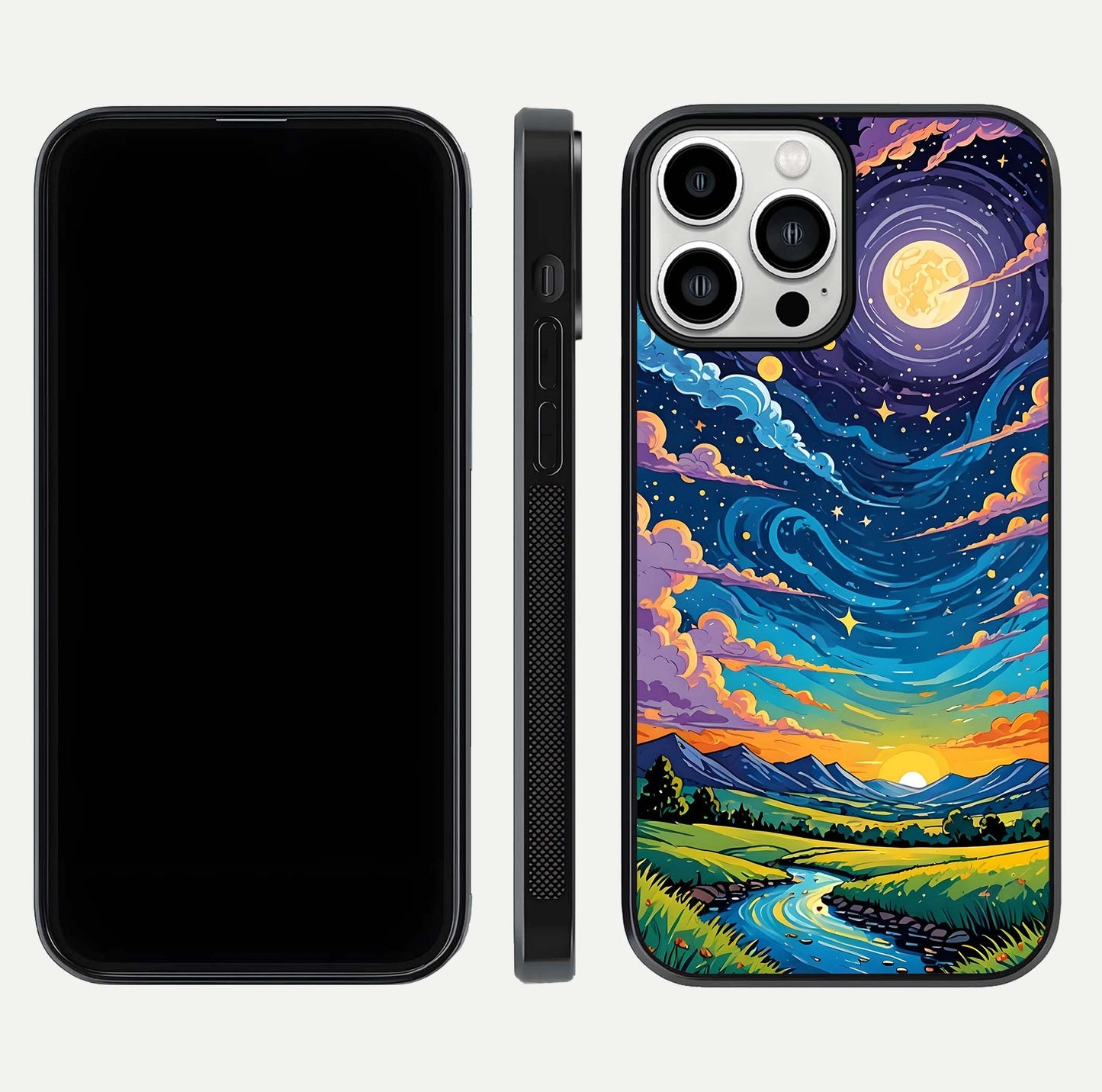 Dreamy Night Landscape Glass Case for iPhone 13 Pro Max dual-view layout displaying HD print and curved glass edges