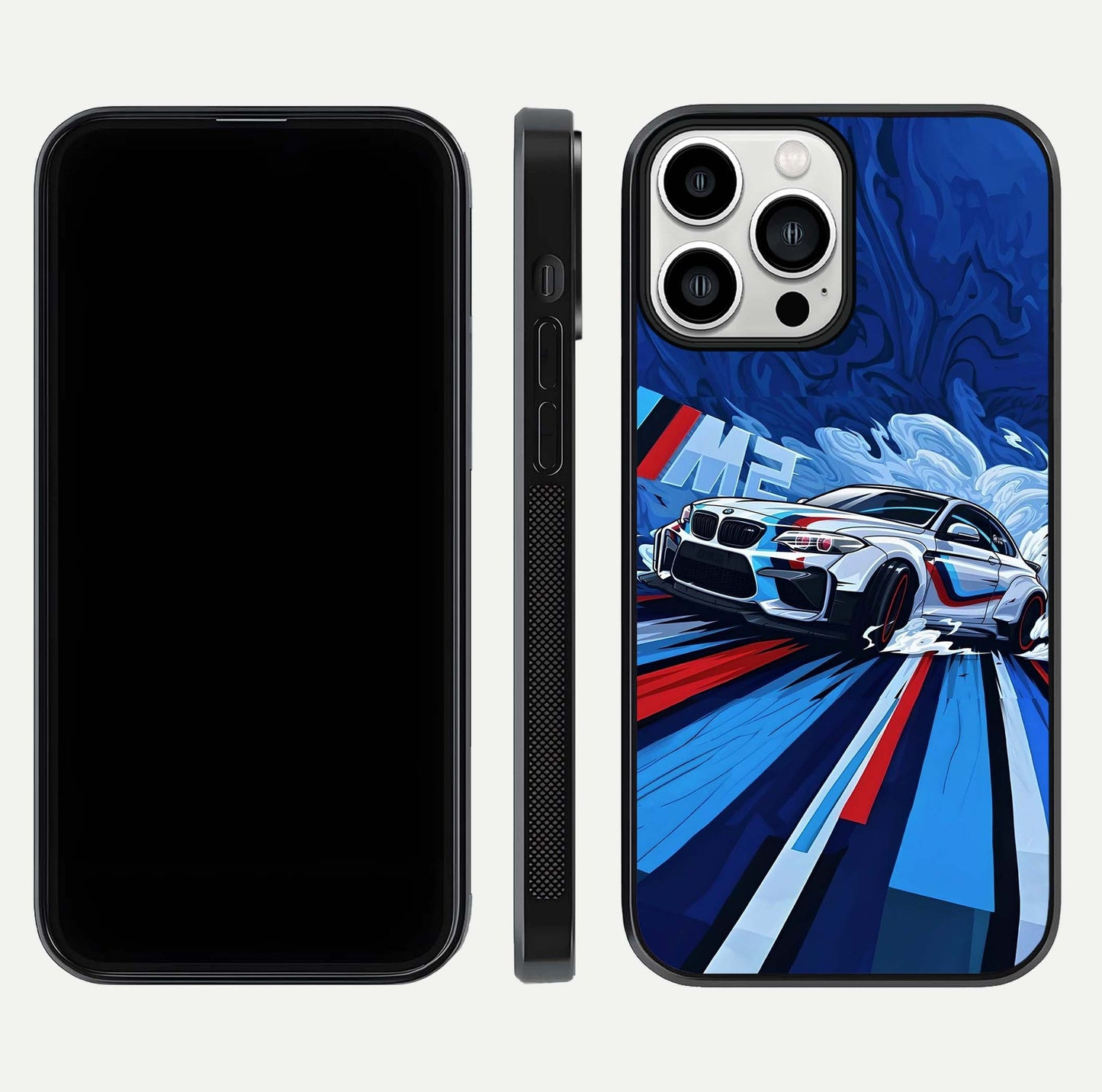 Drift Power Rush Glass Case for iPhone 13 Pro Max dual-view layout displaying dynamic motion art and HD gloss