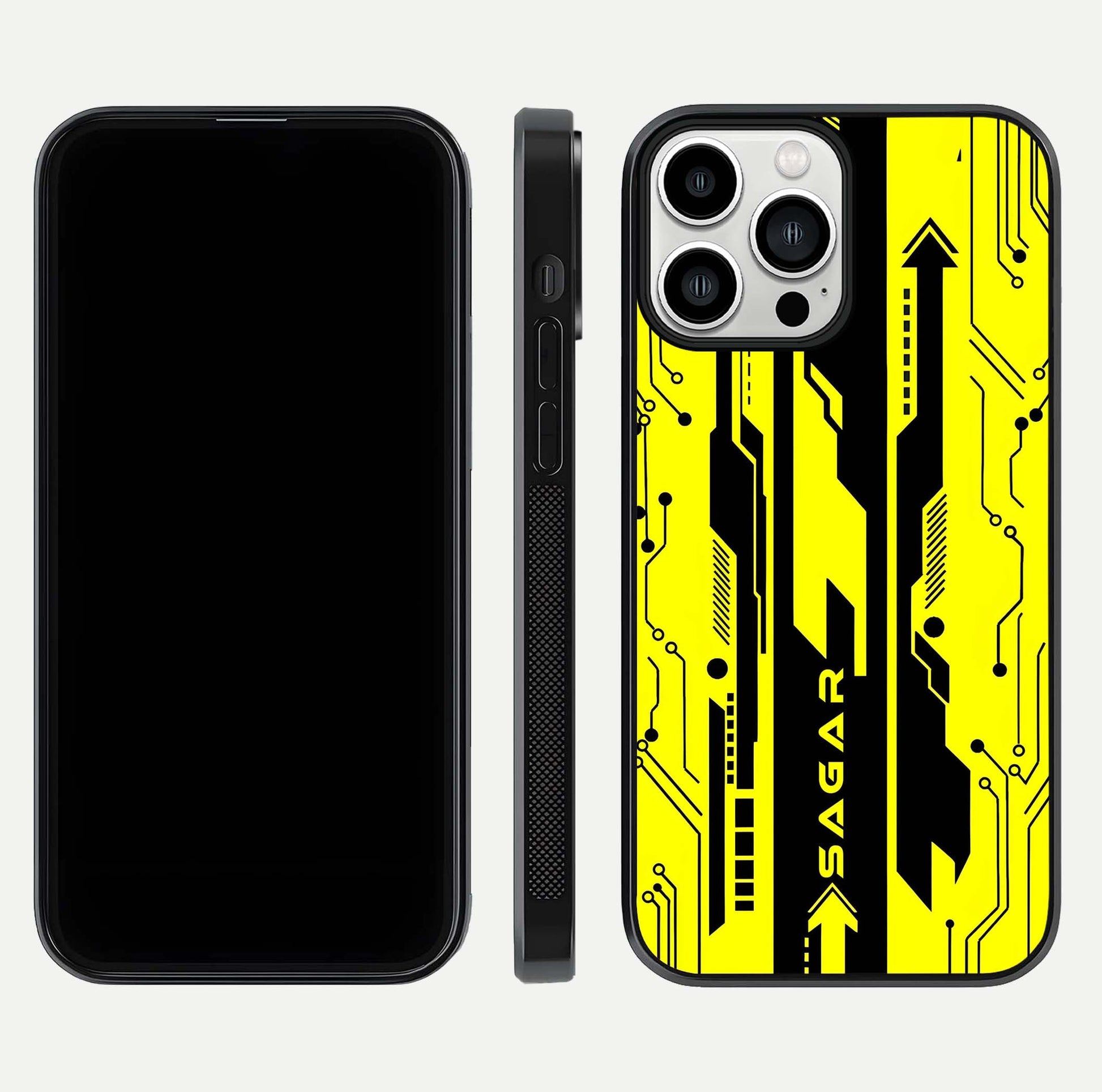 Electric Pulse CYBERPUNK Custom Name Glass Case for iPhone 13 Pro Max dual-view layout displaying futuristic hues and curved glass edges