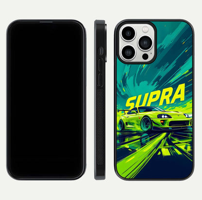 Electric Supra Thunder Glass Case for iPhone 13 Pro Max dual-view layout displaying dynamic motion art and curved finish