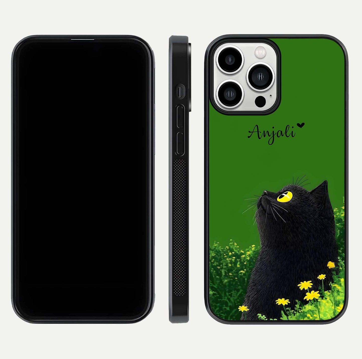 Emerald Cat Custom Name Glass Case for iPhone 13 Pro Max dual-view layout displaying artistic tones and smooth curves