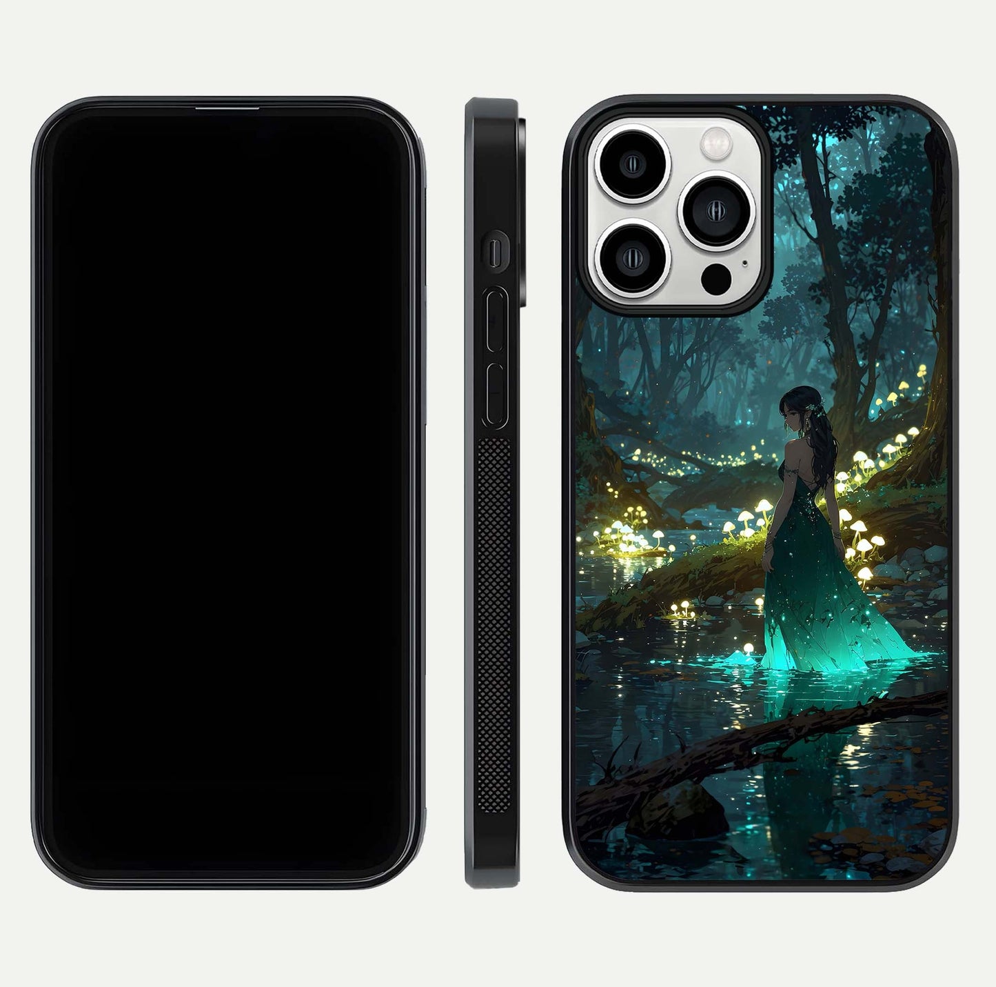 Enchanted Forest Glow Glass Case for iPhone 13 Pro Max dual-view layout displaying green tones and smooth glass