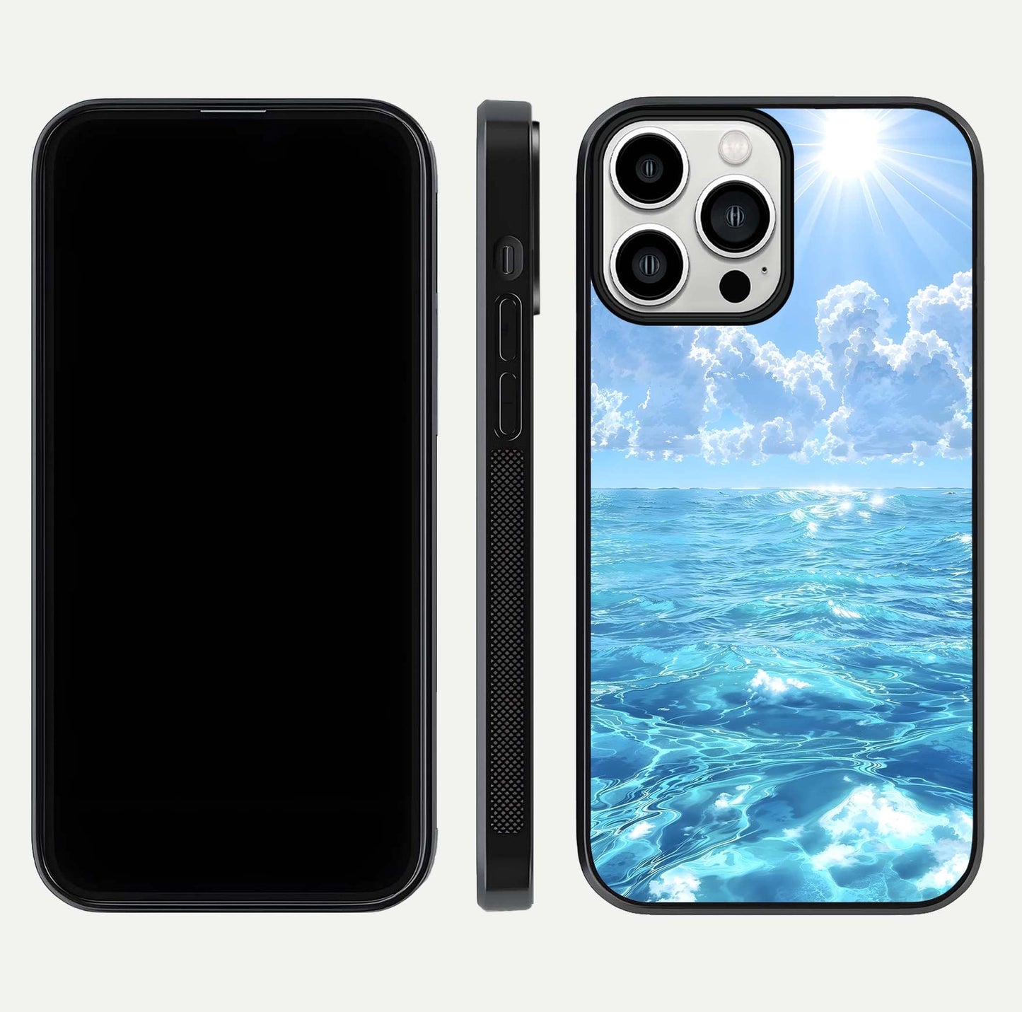 Endless Ocean Horizon Glass Case for iPhone 13 Pro Max dual-view layout displaying calm seascape and curved edges
