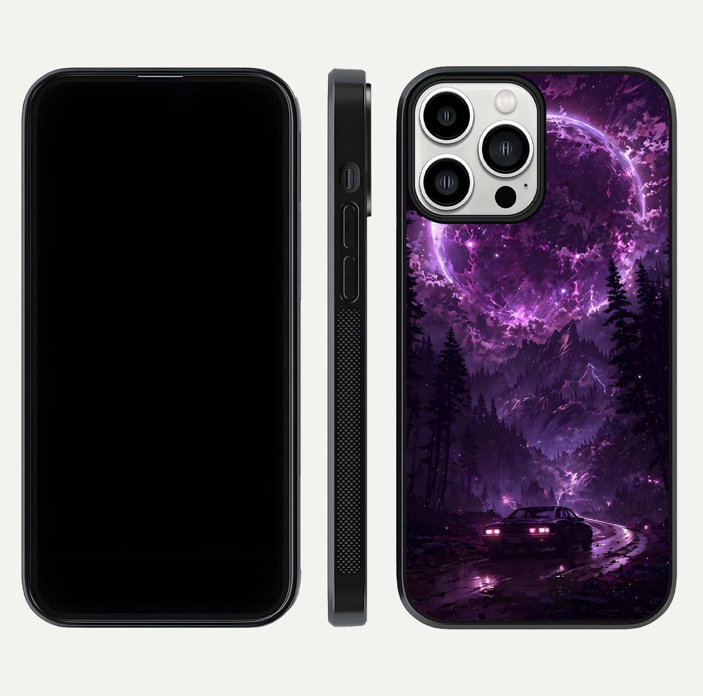 Eternal Cosmic Drive Glass Case for iPhone 13 Pro Max dual-view layout displaying outer-space tones and curved finish