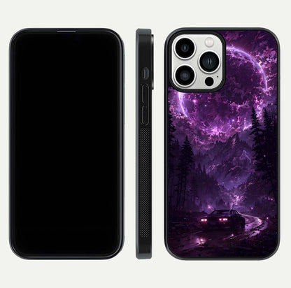 Eternal Cosmic Drive Glass Case for iPhone 13 Pro Max dual-view layout displaying outer-space tones and curved finish