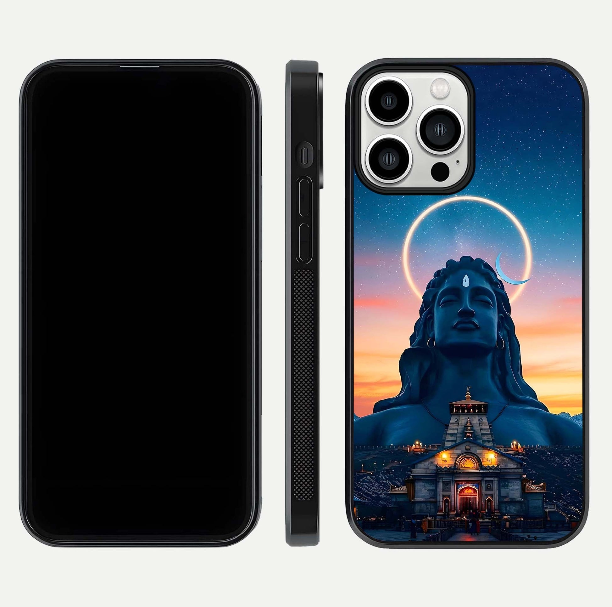 Eternal Shiva Aura Glass Case for iPhone 13 Pro Max dual-view layout displaying HD deity print and smooth edge
