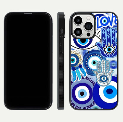 Evil Eyes Dream Glass Case for iPhone 13 Pro Max dual-view layout displaying spiritual motif and polished curved edge