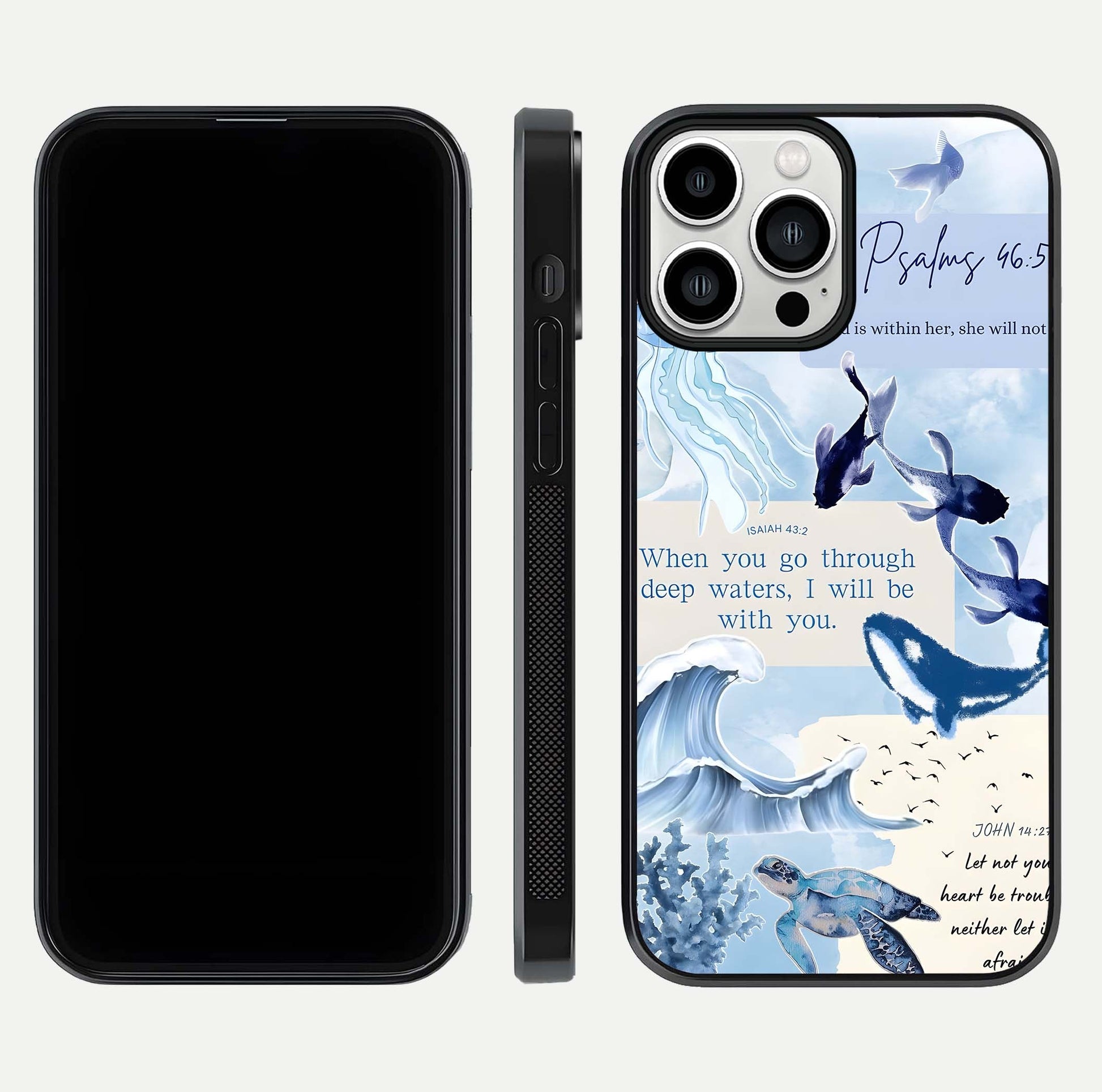 Faithful Ocean Promise Glass Case for iPhone 13 Pro Max dual-view layout showing sea horizon art and curved polish