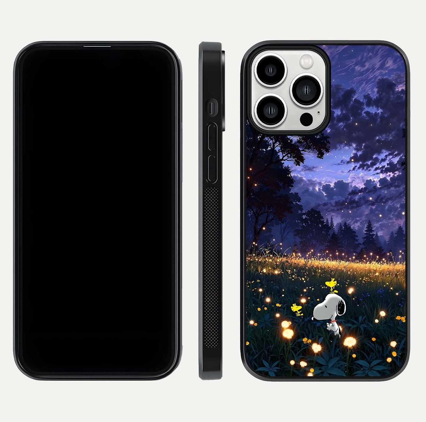 Firefly Meadow Magic Glass Case for iPhone 13 Pro Max dual-view layout displaying enchanting tones and curved edges