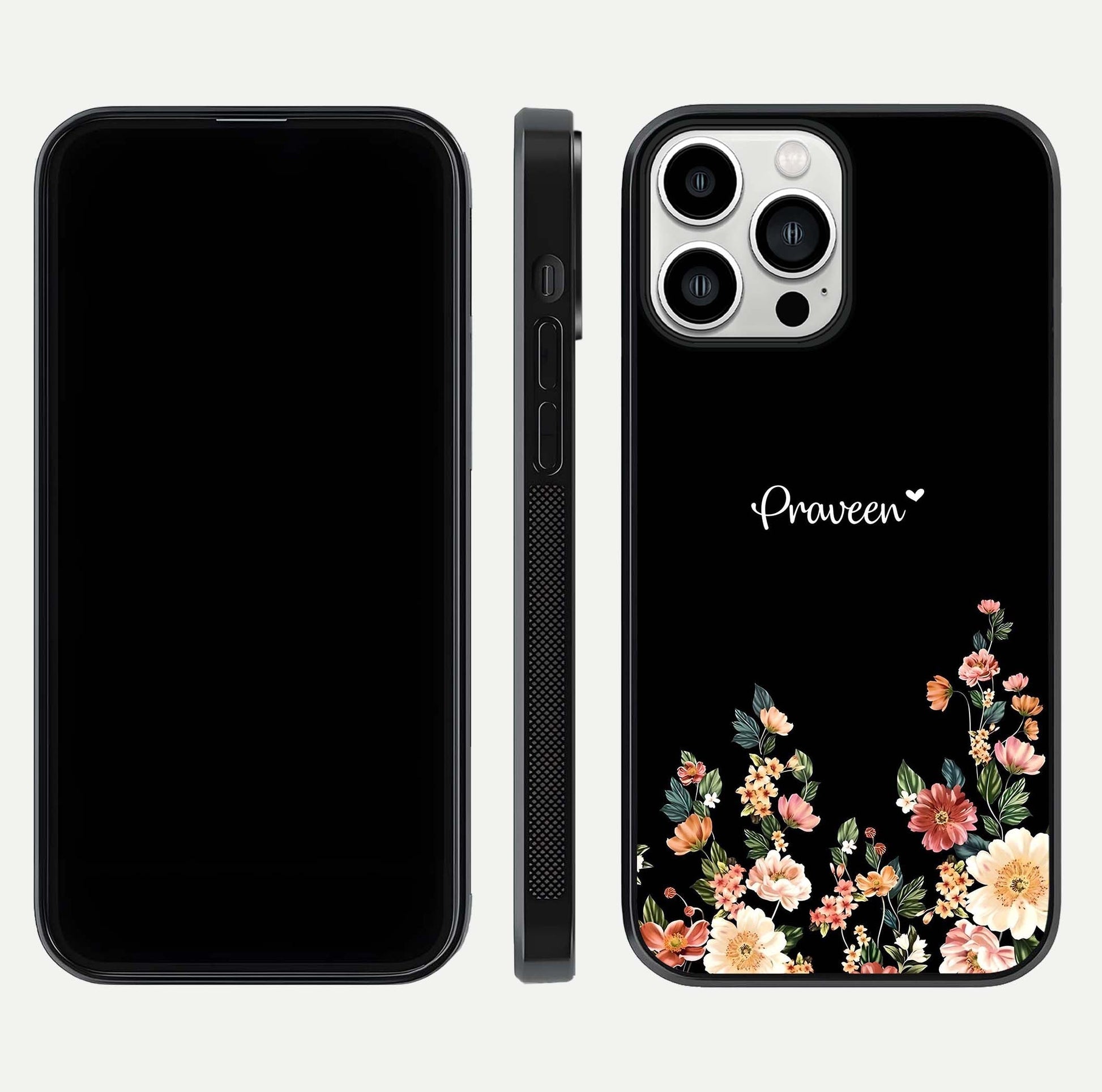 Floral Design Personalized Custom Name Glass Case for iPhone 13 Pro Max dual-view layout displaying artistic tones and curved finish