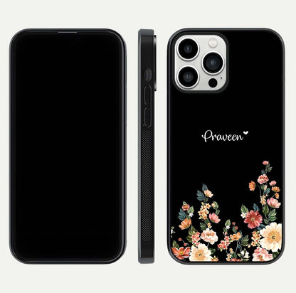 Floral Design Personalized Custom Name Glass Case for iPhone 13 Pro Max dual-view layout displaying artistic tones and curved finish