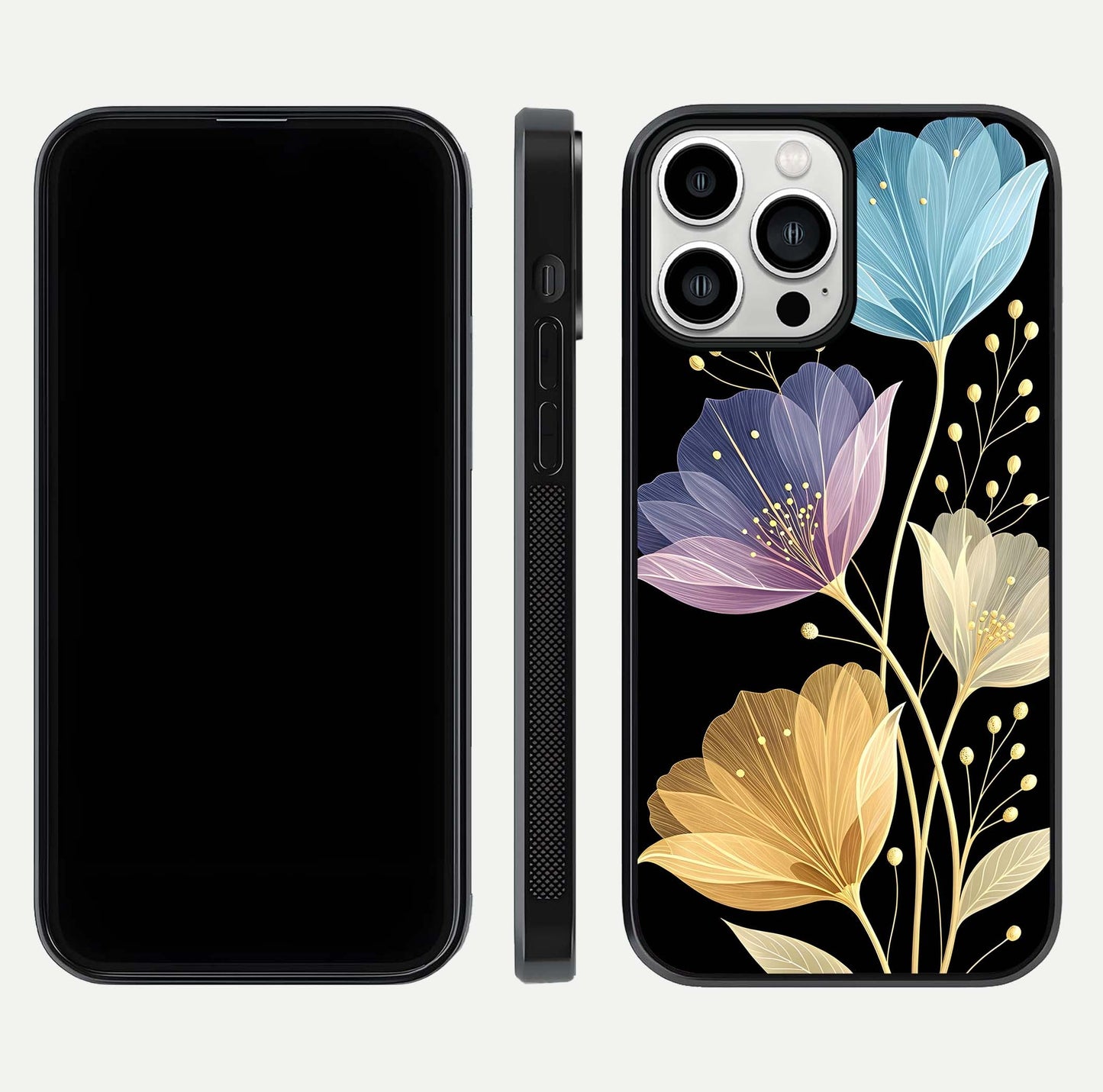 Flower Bloom Glow Glass Case for iPhone 13 Pro Max dual-view layout displaying petal tones and curved glass edge