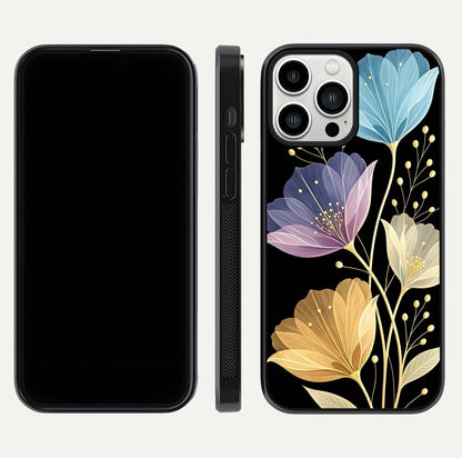 Flower Bloom Glow Glass Case for iPhone 13 Pro Max dual-view layout displaying petal tones and curved glass edge