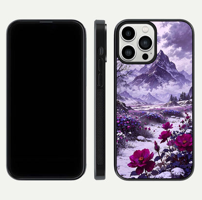 Flower Mountain View Glass Case for iPhone 13 Pro Max dual-view layout displaying scenic tones and curved glass finish