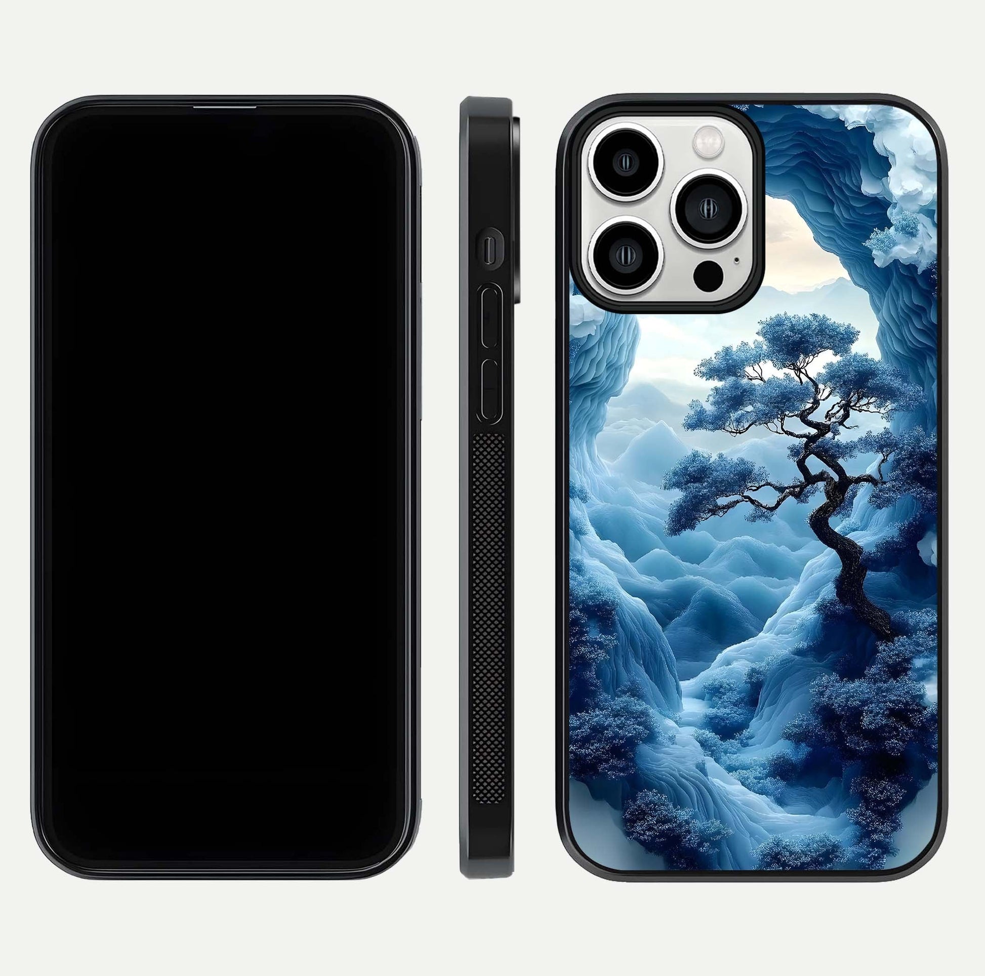 Frozen Serenity Gate Glass Case for iPhone 13 Pro Max dual-view layout displaying winter theme and smooth curves