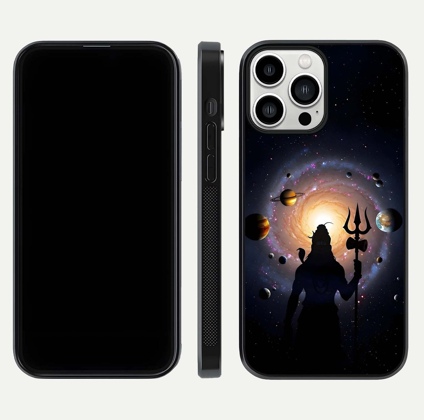 Galactic Shiva Vision Glass Case for iPhone 13 Pro Max front and back view layout showing celestial background and polished curved glass