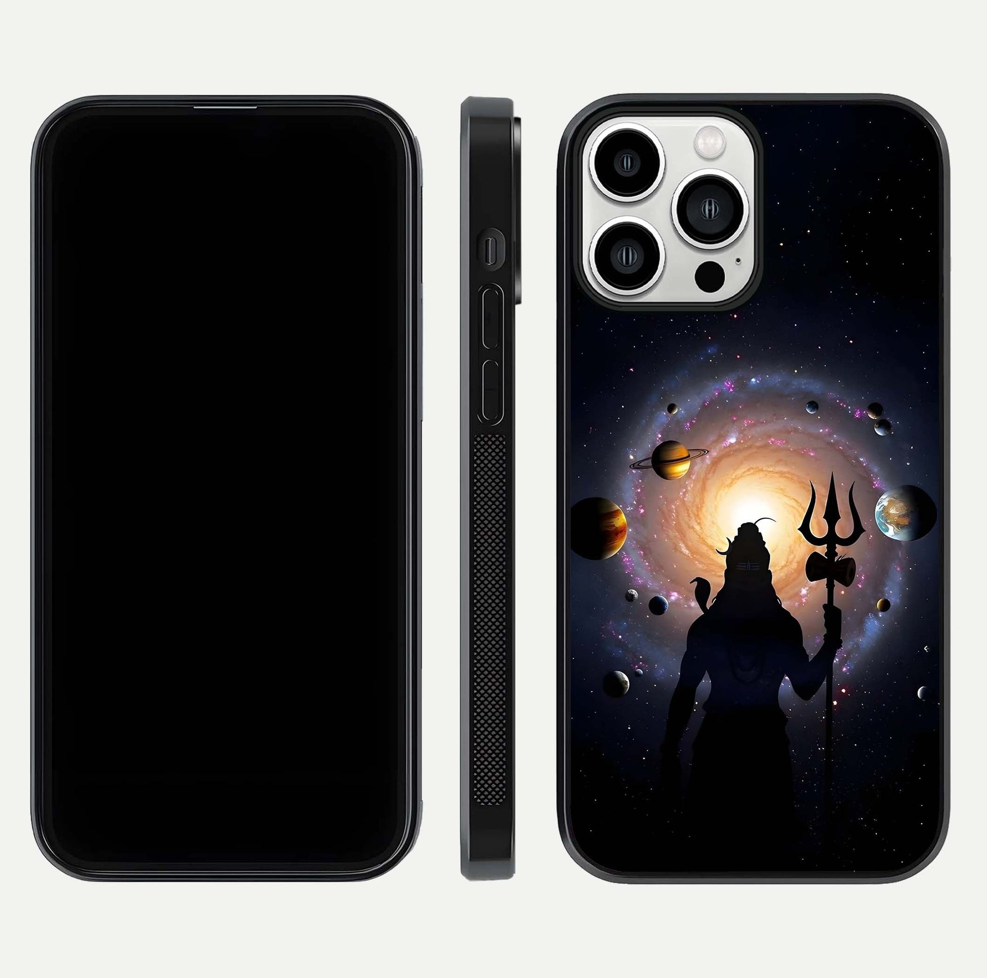 Galactic Shiva Vision Glass Case for iPhone 13 Pro Max front and back view layout showing celestial background and polished curved glass